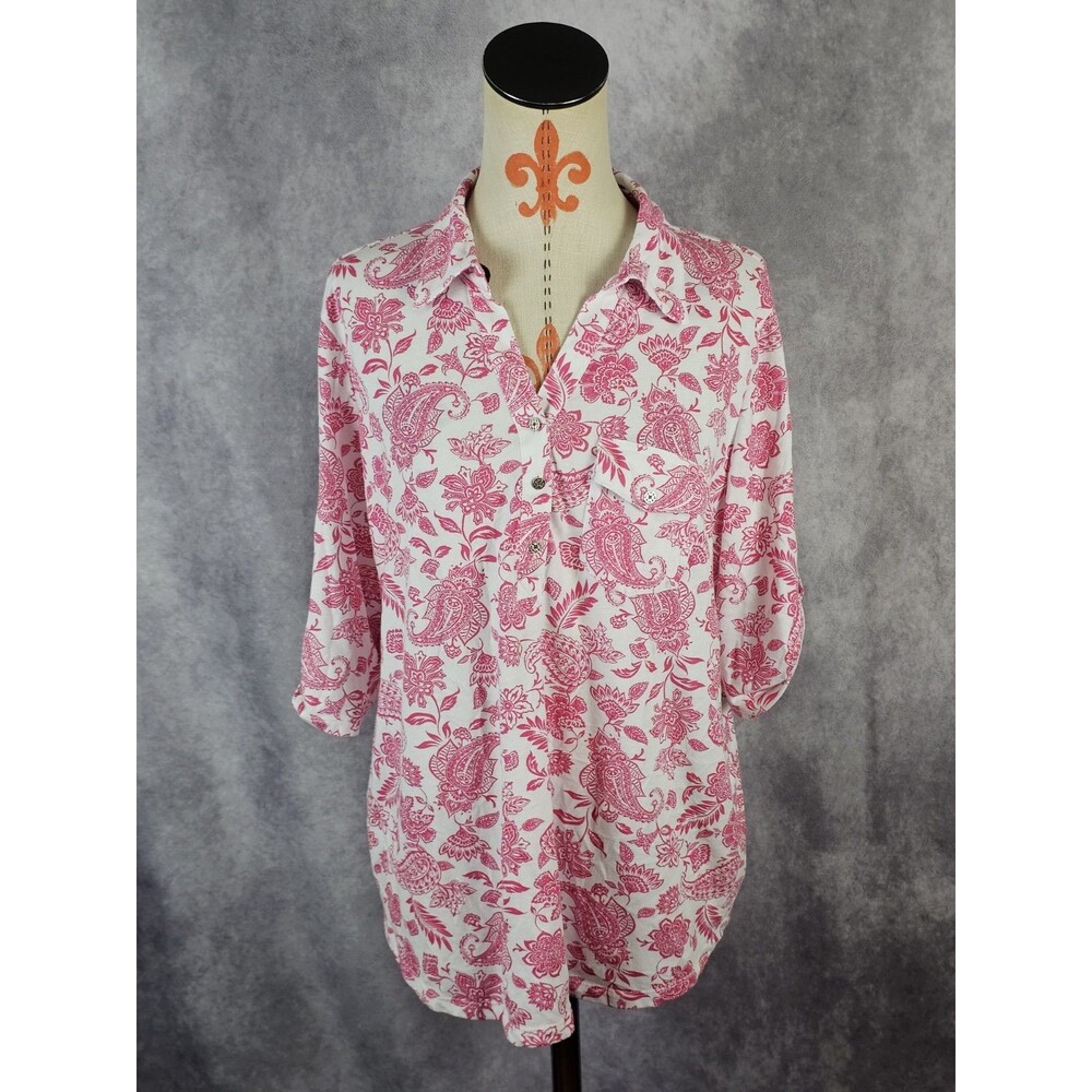 Emily Daniels Knit Shirt Collared Roll Tab 3/4 Slv White Pink Paisley Womens XL